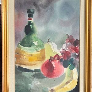 Watercolor Painting Still Life Signed Fruits Wine Realism Framed Vintage 11"x17"